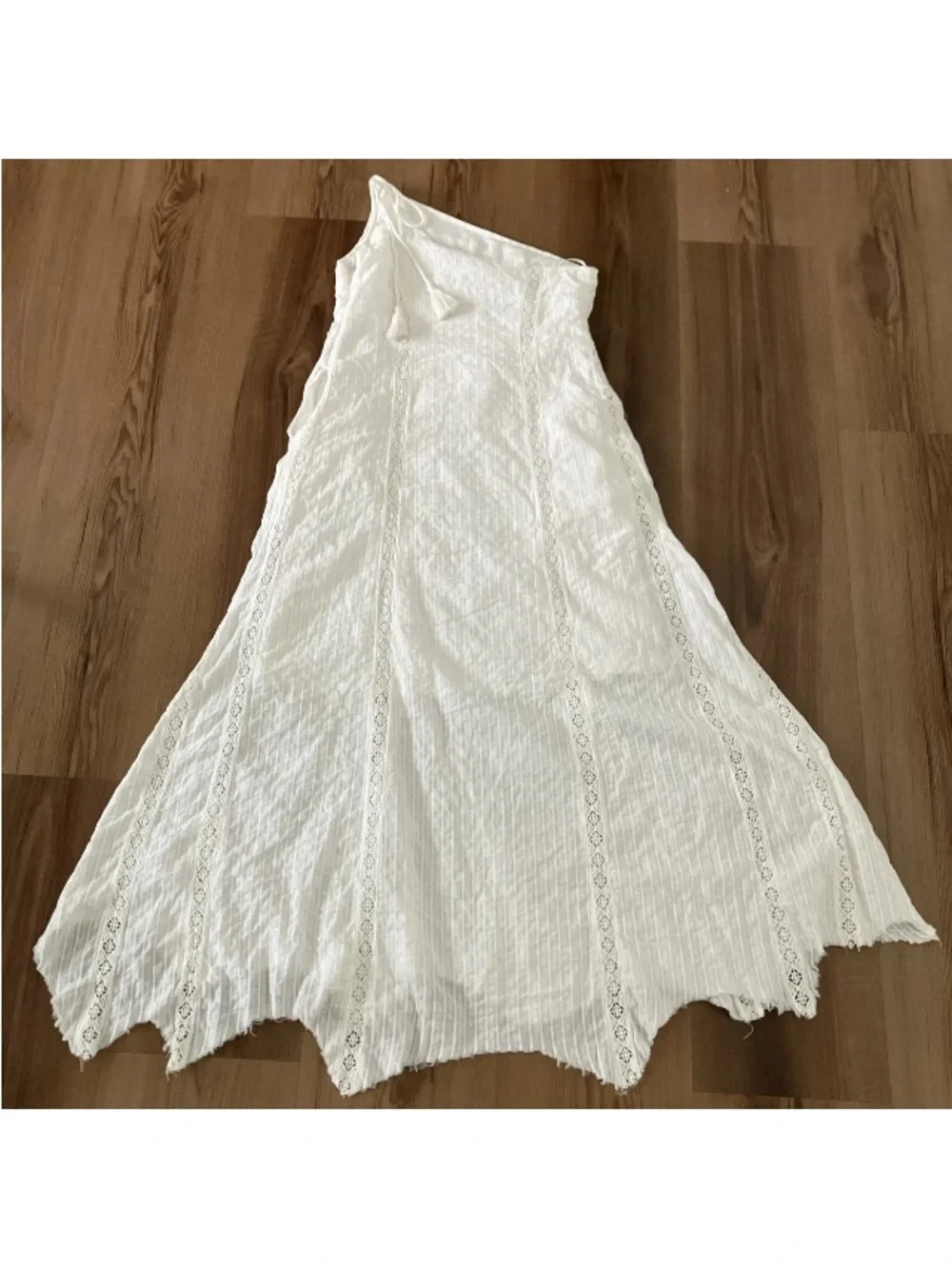 NWT Free People Bella One-Shoulder Maxi Dress M Ivory Lace Boho Raw Hem Whimsy.